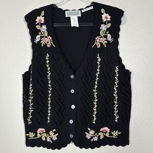 Jantzen women size XL vintage knit vest hand embroidered black granny cottagecor